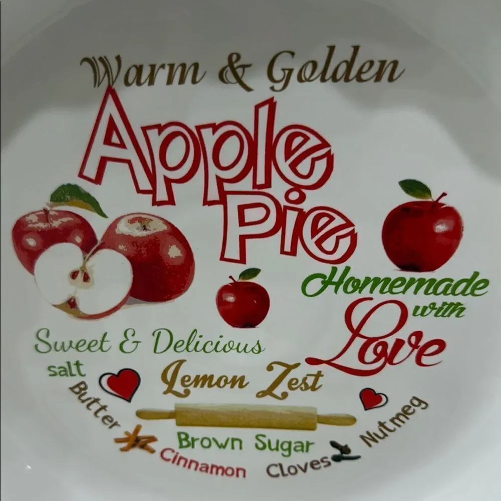 Apple Pie Ceramic Recipe Baking Dish 10 In Round 1 1/2 In Tall Homemade Love
